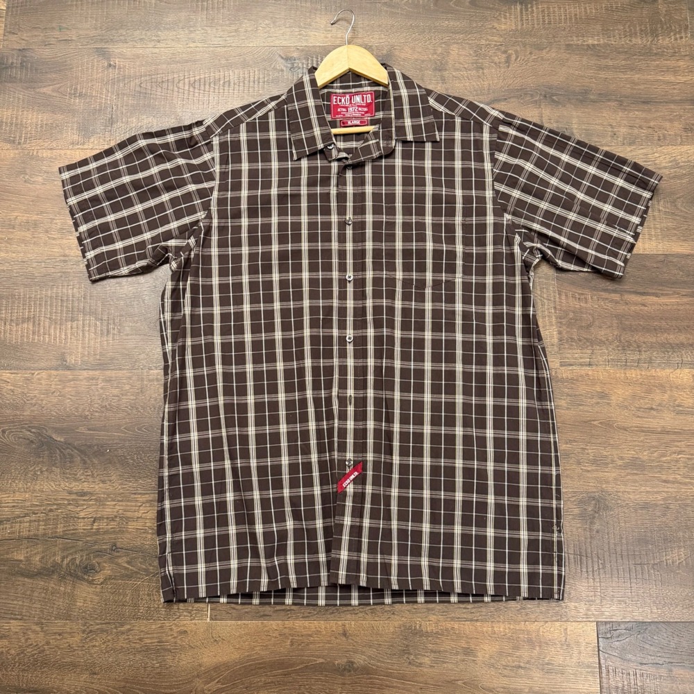 Ecko Unltd Mens Brown Plaid Short Sleeve Button Down Shirt XL Cotton Streetwear